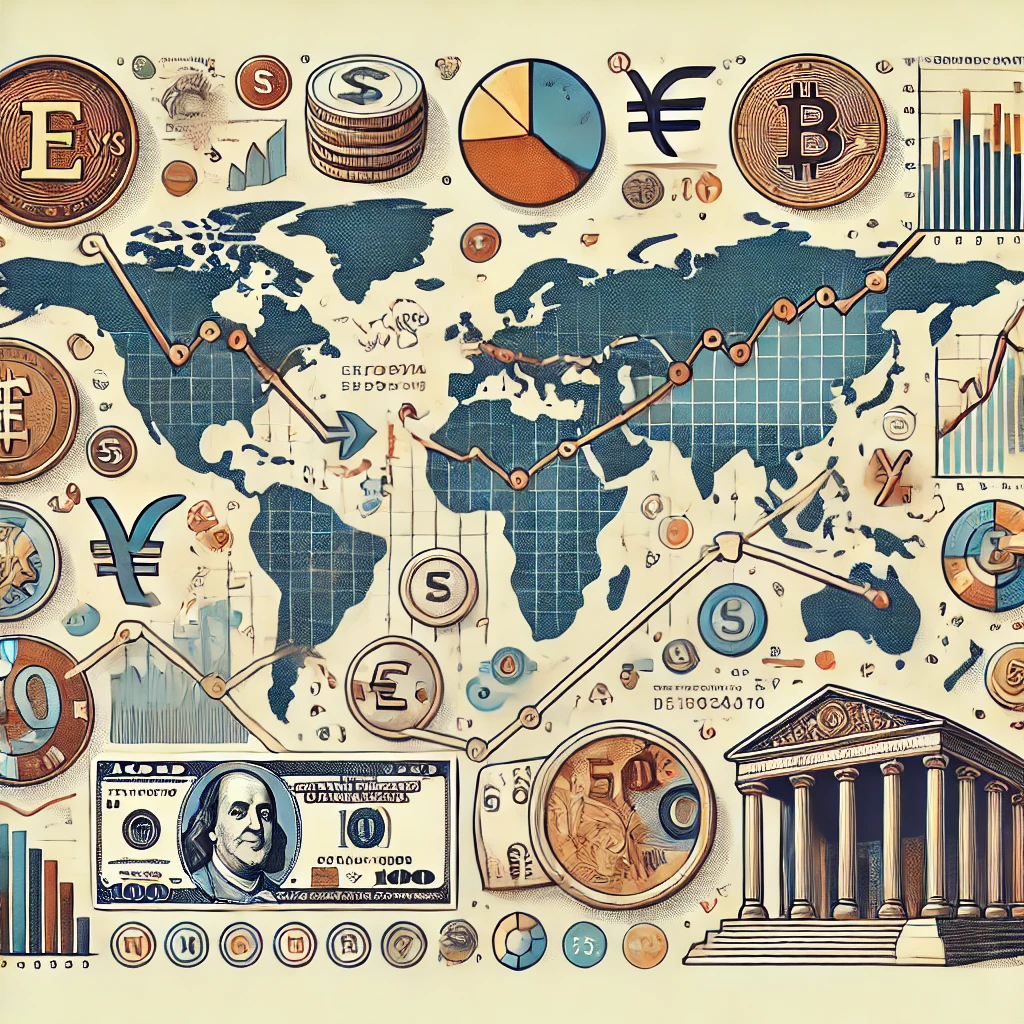 DALL·E 2025-02-21 09.36.45 - An illustrative image depicting currency exchange factors. The image includes a world map with fluctuating graphs, coins, banknotes, and financial cha