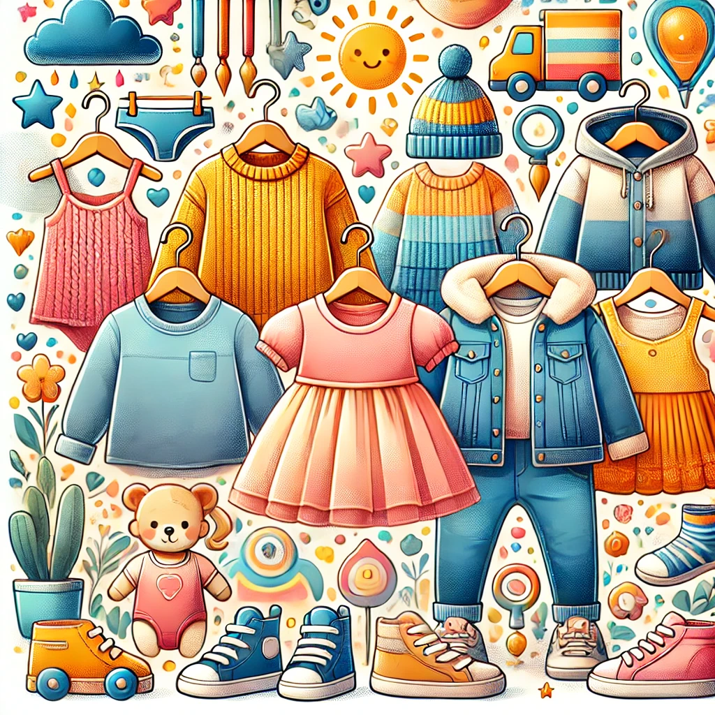 DALL·E 2025-02-28 14.49.22 - A bright and cheerful illustration showcasing children's clothing with a focus on comfort, quality, and style. The image features a collection of styl