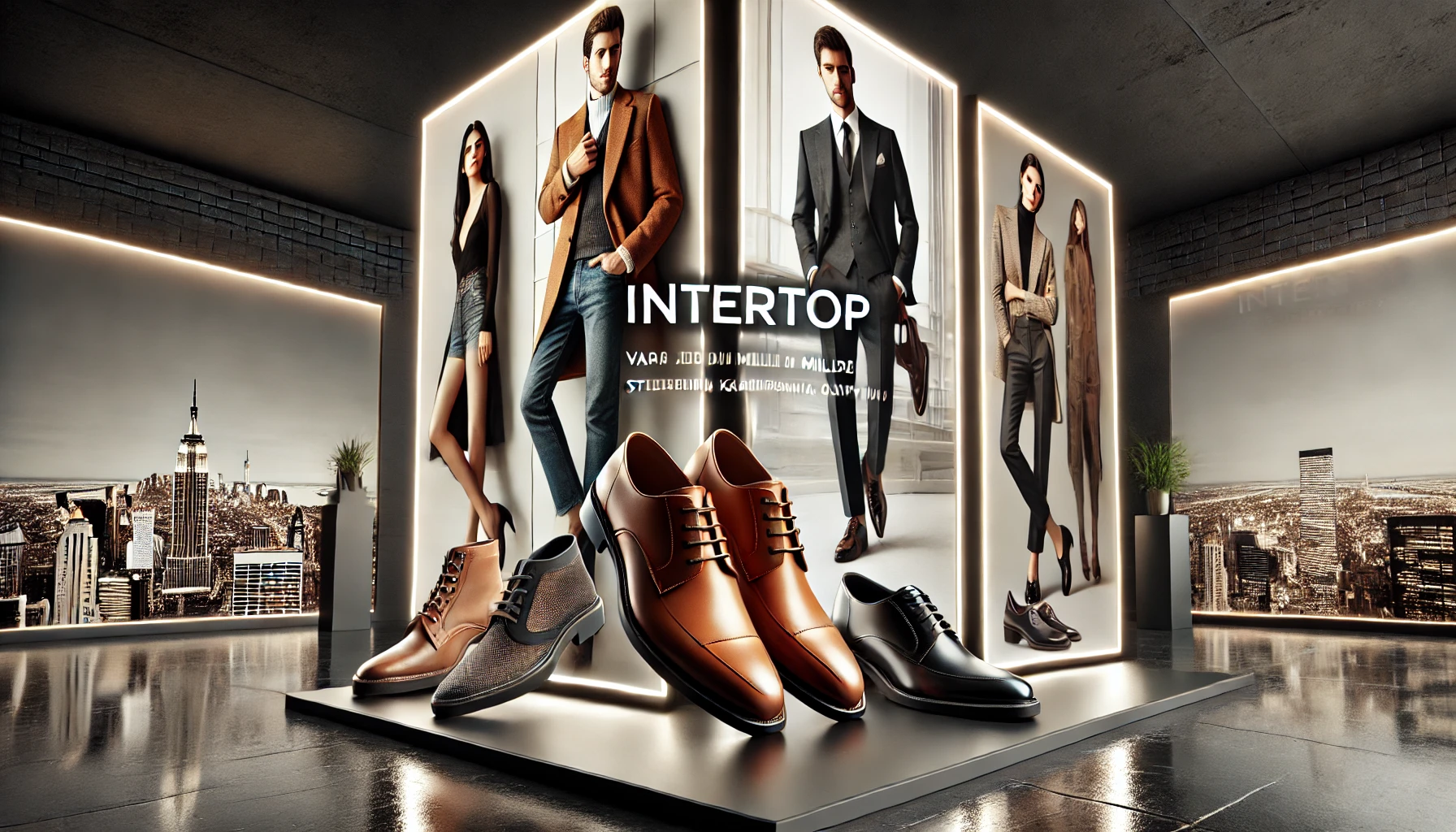 DALL·E 2025-03-20 10.48.05 - A stylish and modern advertisement for INTERTOP, featuring high-quality shoes in a trendy urban setting. The image showcases a selection of elegant fo